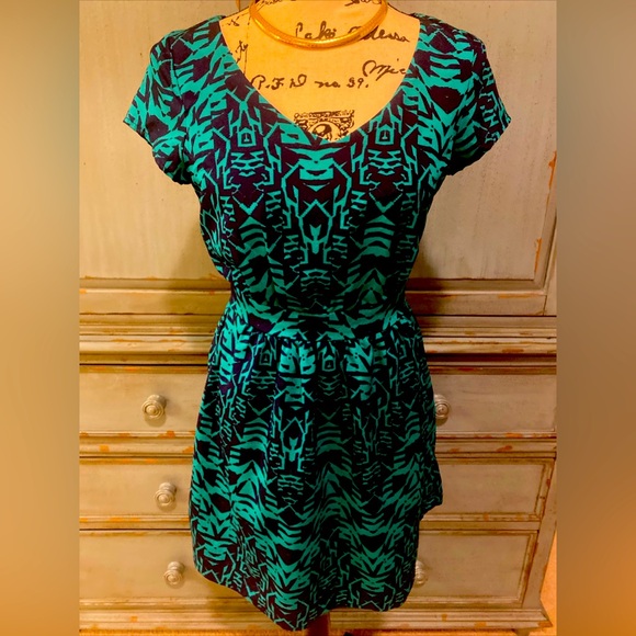 Women Lily Rose Dress Size XS Blue Green Back Button Zipper Short Sleeve Lined - Picture 1 of 7